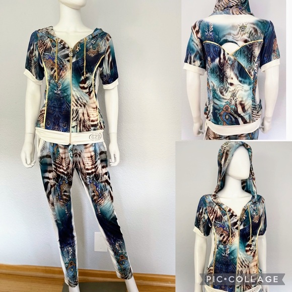 SALE💥NWT WOMEN TRACKSUIT SHORT SLEEVES STRETCH HOODED JACKET/PANTS ANIMAL PRINT - Picture 1 of 13